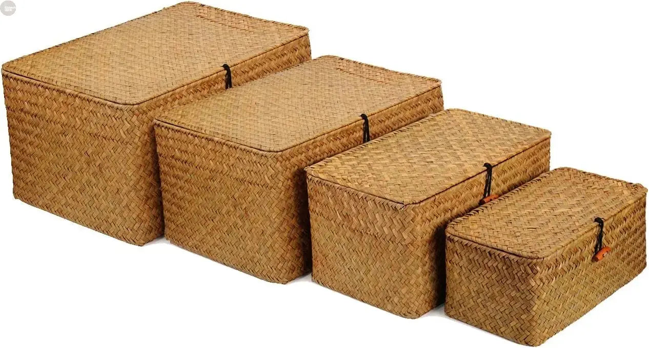4 Pack Handwoven Seagrass Storage Baskets with Lids – Rustic Organizer Set Brownstick