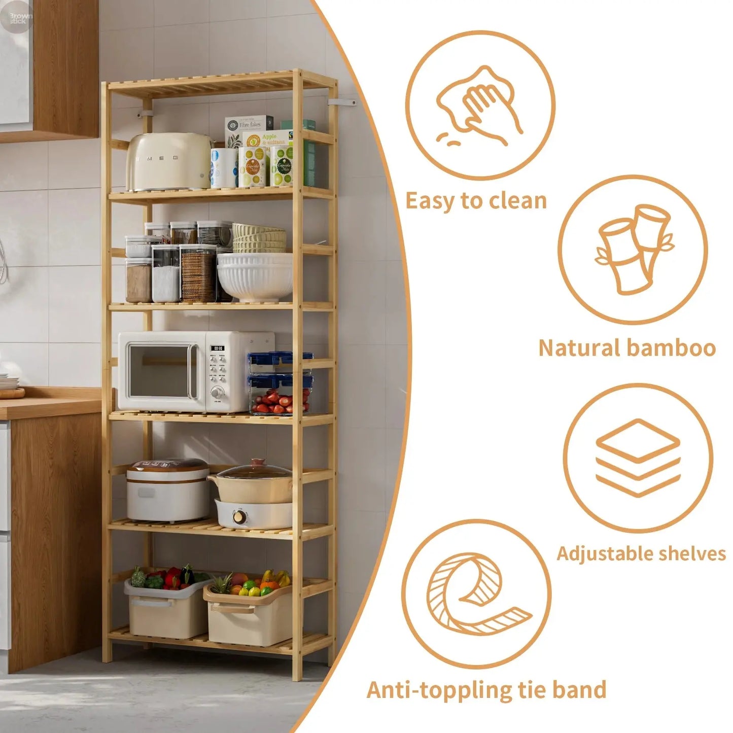 6-Tier Bamboo Storage Shelf – Adjustable Organizer Rack for Home & Garden Brownstick