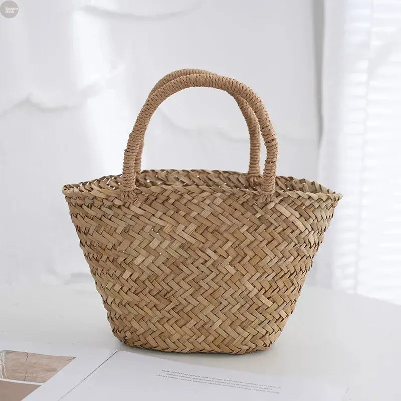 Handmade Wicker Rattan Mini Bag – Boho Straw Bucket Tote for Travel & Beach Brownstick