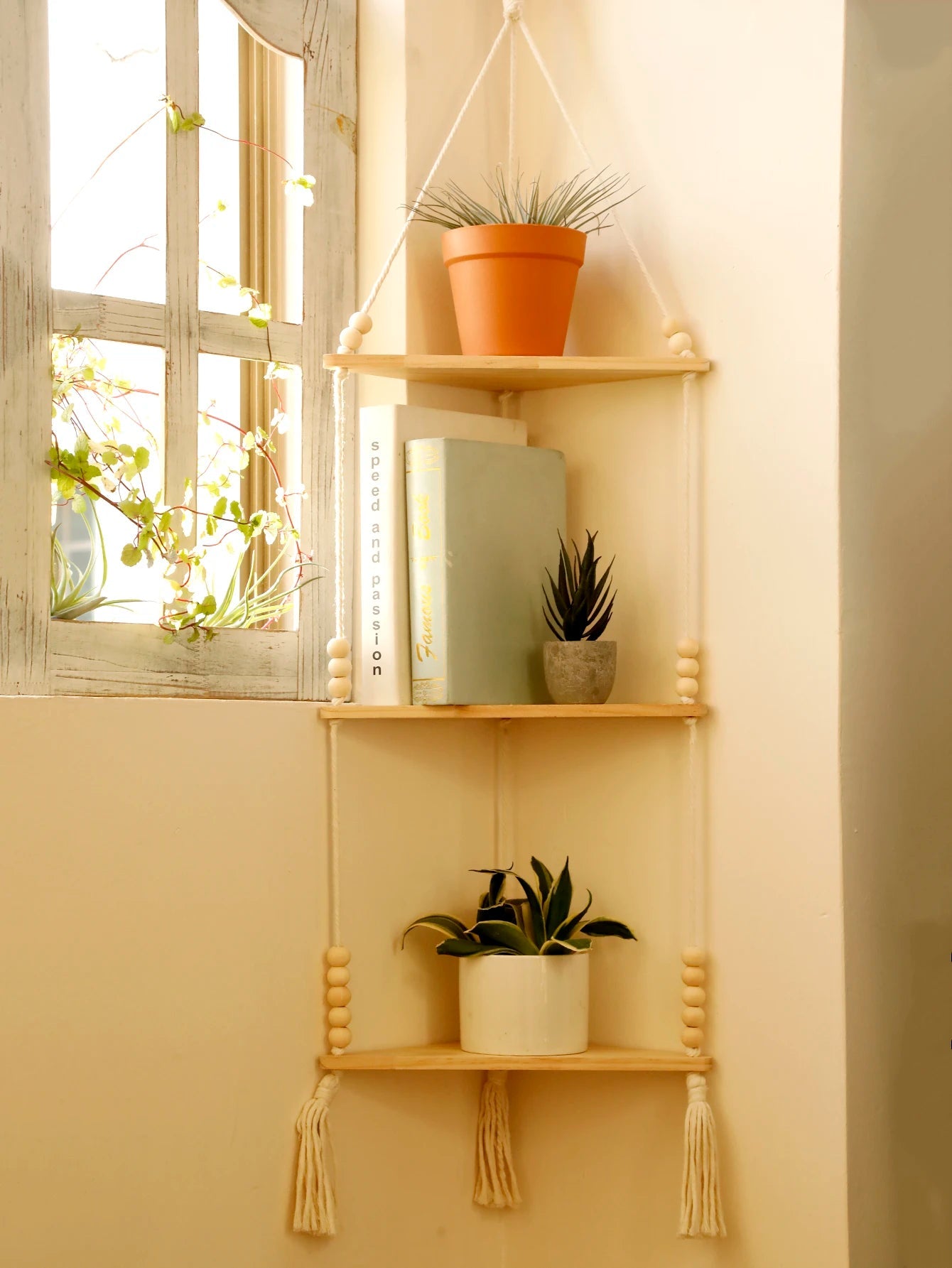 corner shelf with hanging plant 1–3 Layer Macrame Corner Shelf – Brownstick