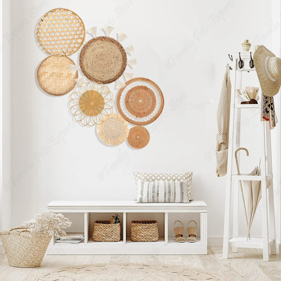 8pcs Natural Wall Basket Boho Decor – Handmade Rattan Set Brownstick