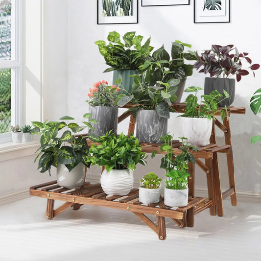 3-Tier Wooden Plant Stand Set – Freestanding Ladder Shelf for Indoor & Outdoor Use Brownstick