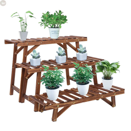3-Tier Wooden Plant Stand Set – Freestanding Ladder Shelf for Indoor & Outdoor Use Brownstick