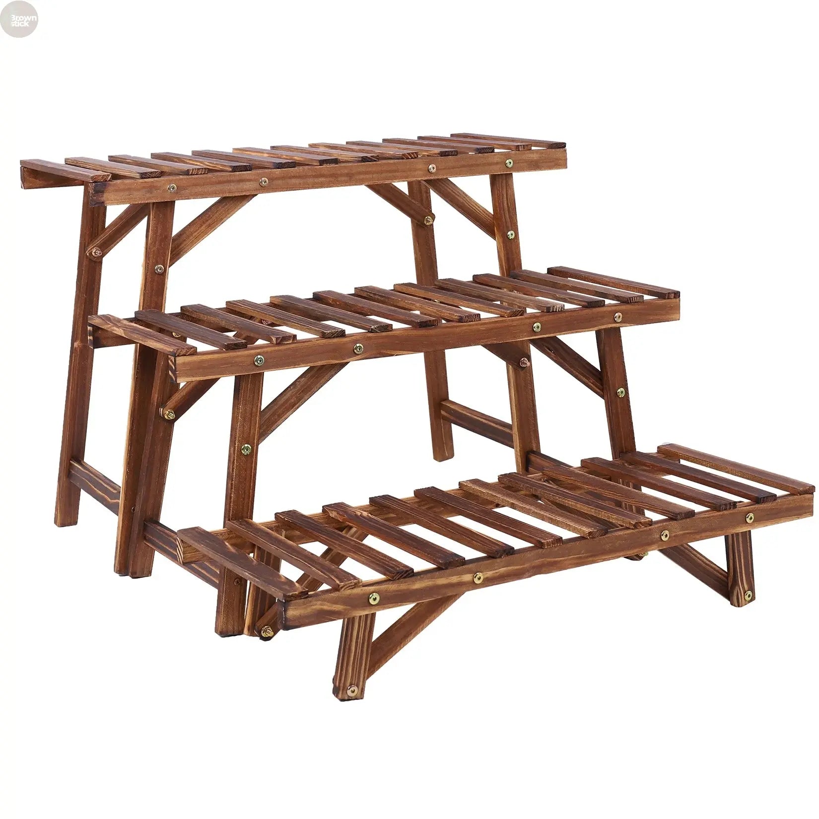 3-Tier Wooden Plant Stand Set – Freestanding Ladder Shelf for Indoor & Outdoor Use Brownstick