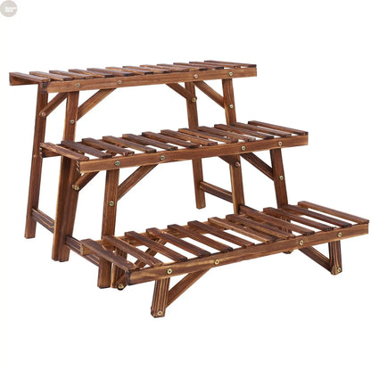 3-Tier Wooden Plant Stand Set – Freestanding Ladder Shelf for Indoor & Outdoor Use Brownstick