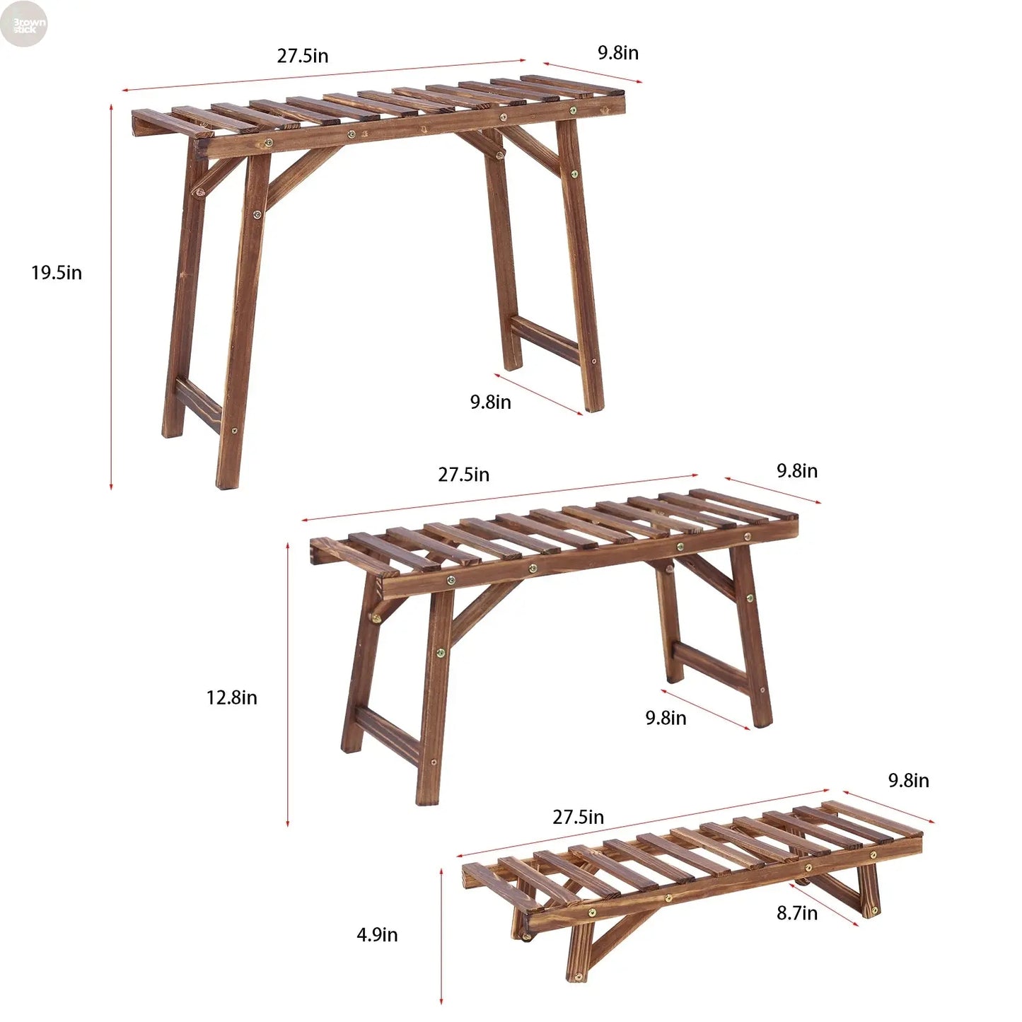 3-Tier Wooden Plant Stand Set – Freestanding Ladder Shelf for Indoor & Outdoor Use Brownstick