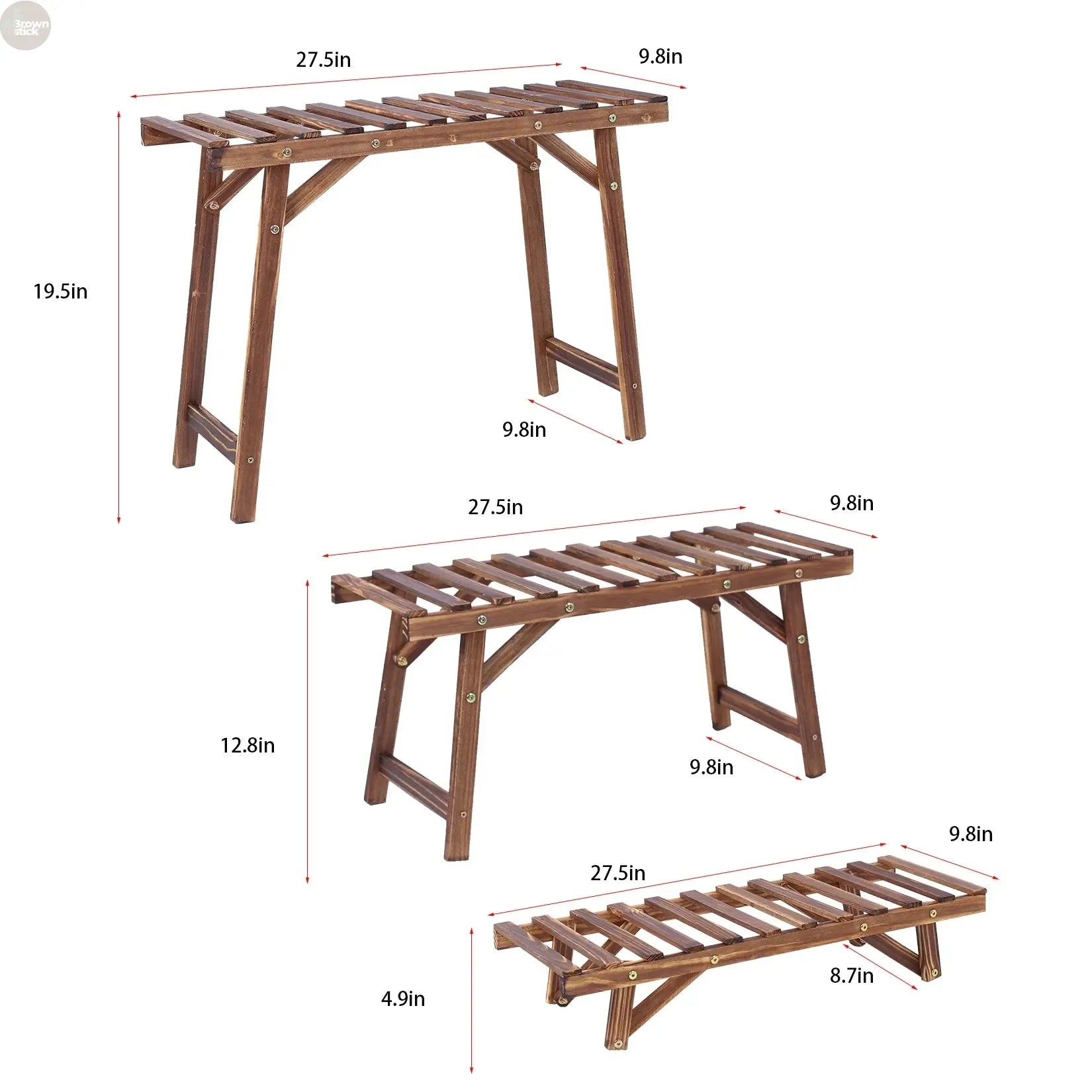 3-Tier Wooden Plant Stand Set – Freestanding Ladder Shelf for Indoor & Outdoor Use Brownstick