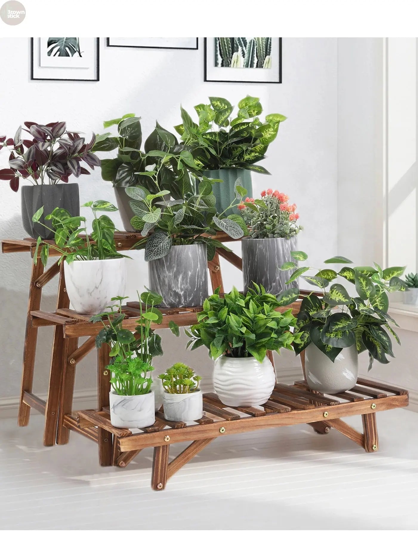 3-Tier Wooden Plant Stand Set – Freestanding Ladder Shelf for Indoor & Outdoor Use Brownstick