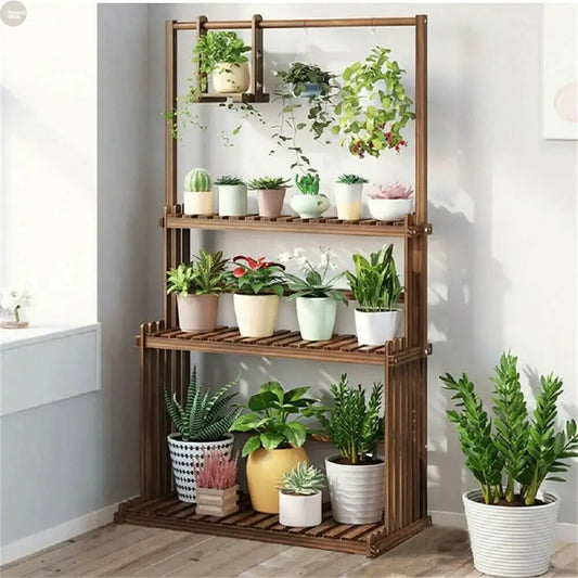 3-Tier Wooden Plant Stand with Hanging Bar – Indoor/Outdoor Brownstick