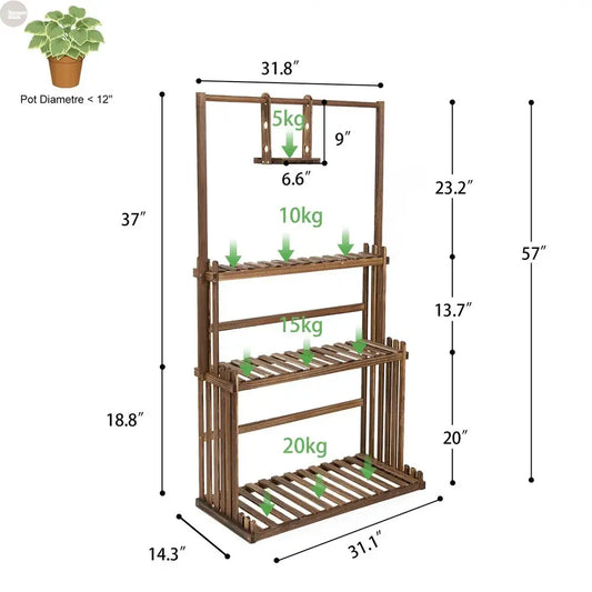 3-Tier Wooden Plant Stand with Hanging Bar – Indoor/Outdoor Brownstick