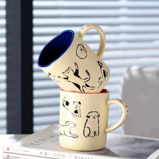 420ml Hand - Painted Ceramic Cat & Dog Mug - Heat Resistant & Microwave Safe - Brownstick