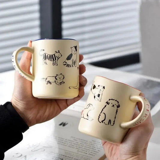 420ml Hand - Painted Ceramic Cat & Dog Mug - Heat Resistant & Microwave Safe - Brownstick