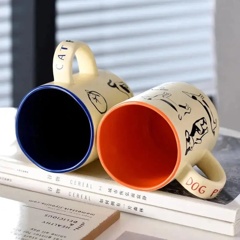 420ml Hand - Painted Ceramic Cat & Dog Mug - Heat Resistant & Microwave Safe - Brownstick