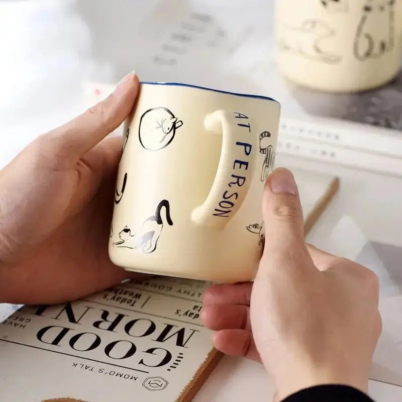 420ml Hand - Painted Ceramic Cat & Dog Mug - Heat Resistant & Microwave Safe - Brownstick