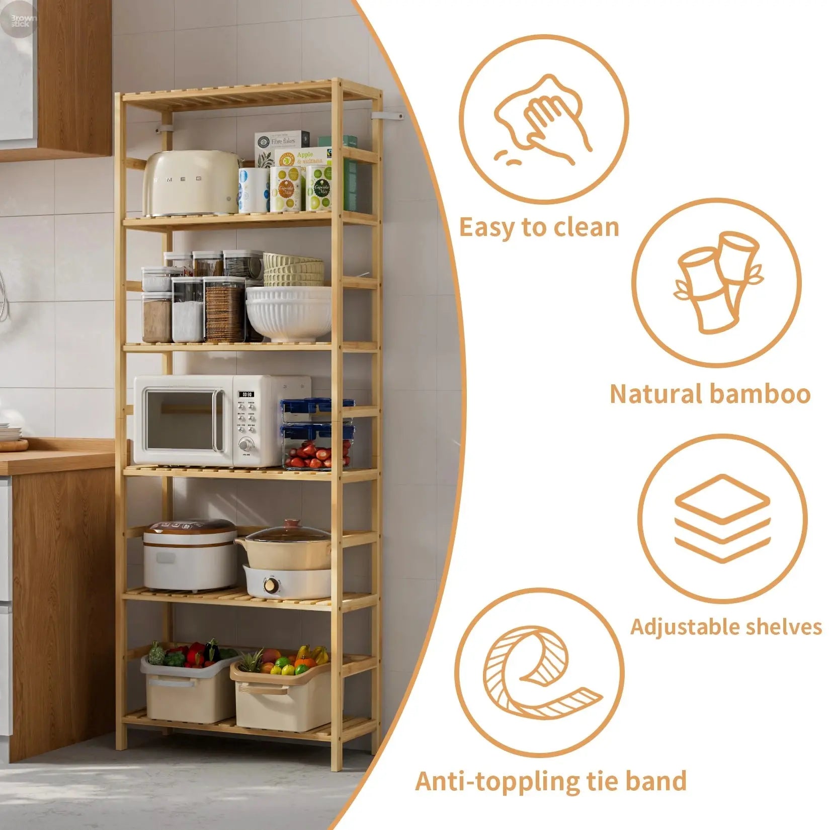 6-Tier Bamboo Storage Shelf – Adjustable Organizer Rack for Home & Garden Brownstick