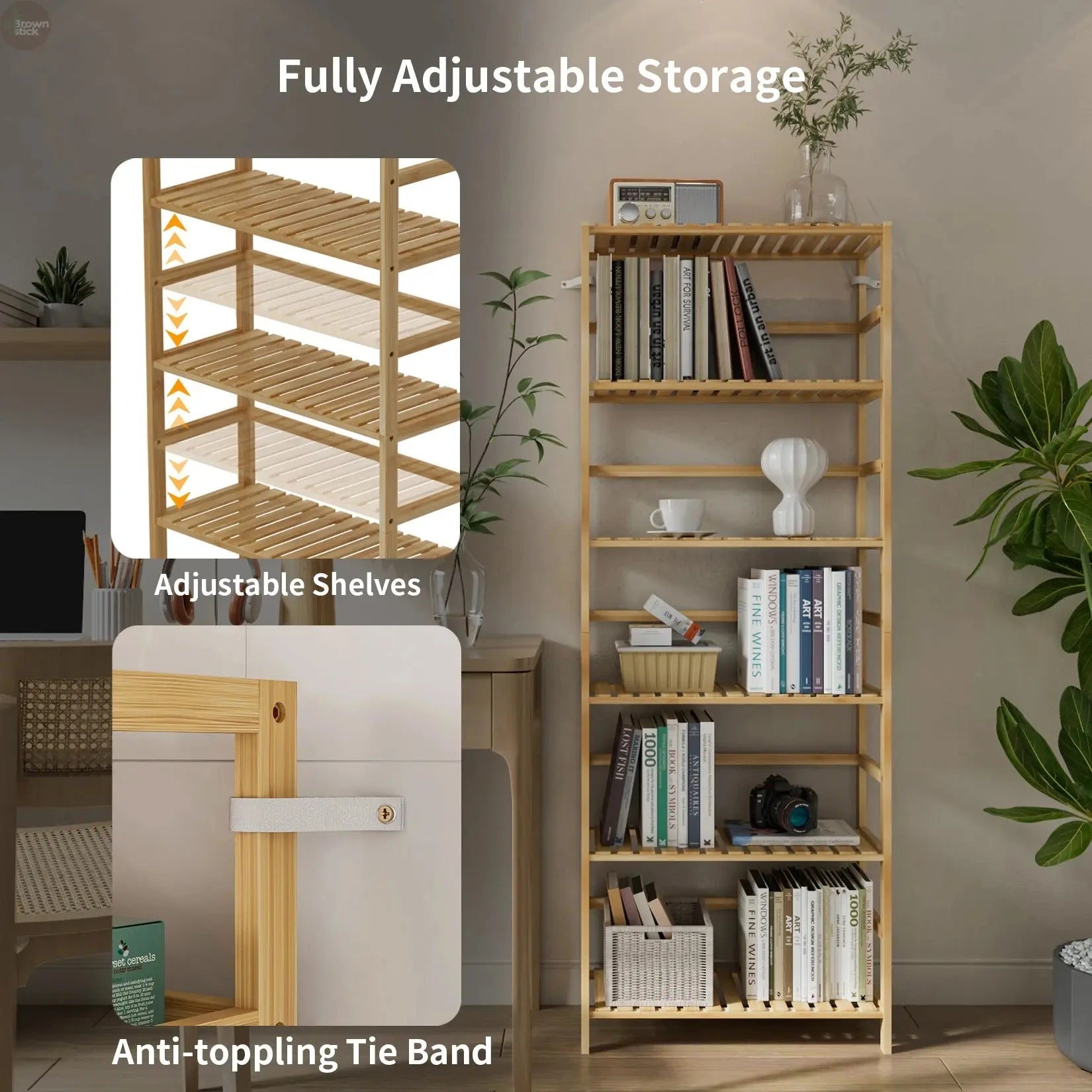 6-Tier Bamboo Storage Shelf – Adjustable Organizer Rack for Home & Garden Brownstick