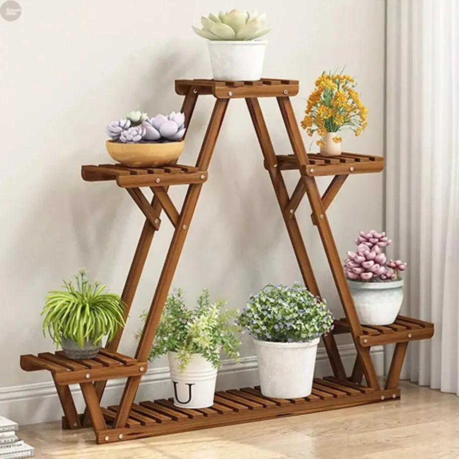 6-Tier Wooden Plant Stand – Corner Flower Pot Display Shelf for Indoor/Outdoor Brownstick