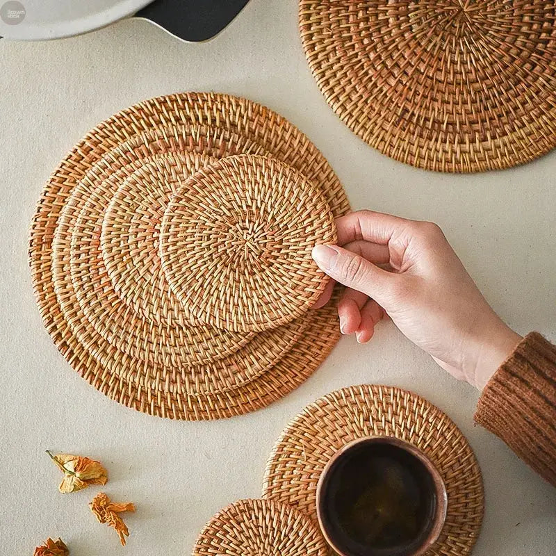 6PCS Handwoven Rattan Coasters Set Brownstick