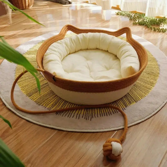 A woven cat bed featuring a removable and washable rattan design Brownstick