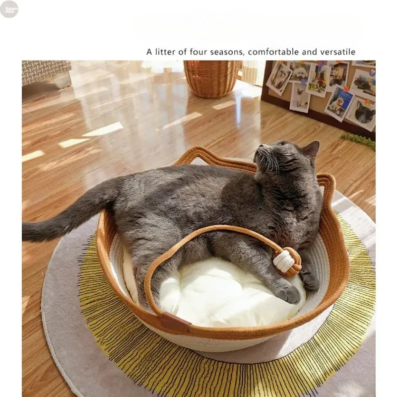 A woven cat bed featuring a removable and washable rattan design Brownstick