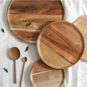 Acacia Wood Round Serving Tray – Natural Pizza, Salad, and Dessert Platter Brownstick