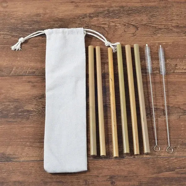 Bamboo Straw Set with Cleaning Brush and Carry Pouch Brownstick
