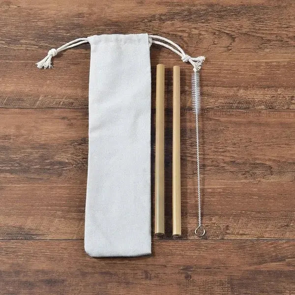 Bamboo Straw Set with Cleaning Brush and Carry Pouch Brownstick