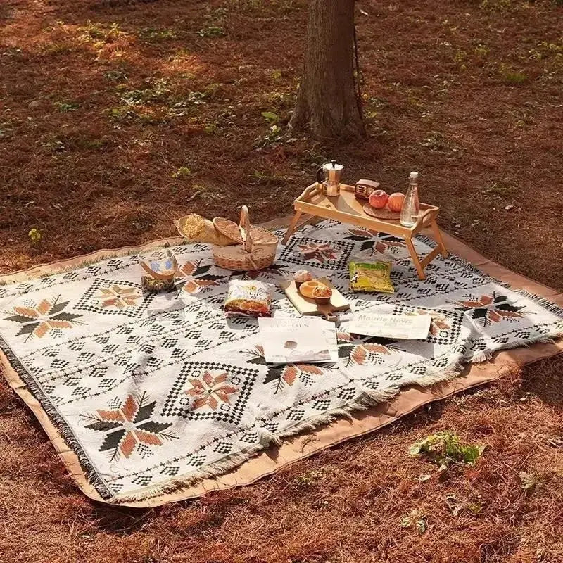 Bohemian Ethnic Picnic Blanket with Tassels – Versatile Outdoor Camping Mat - Brownstick