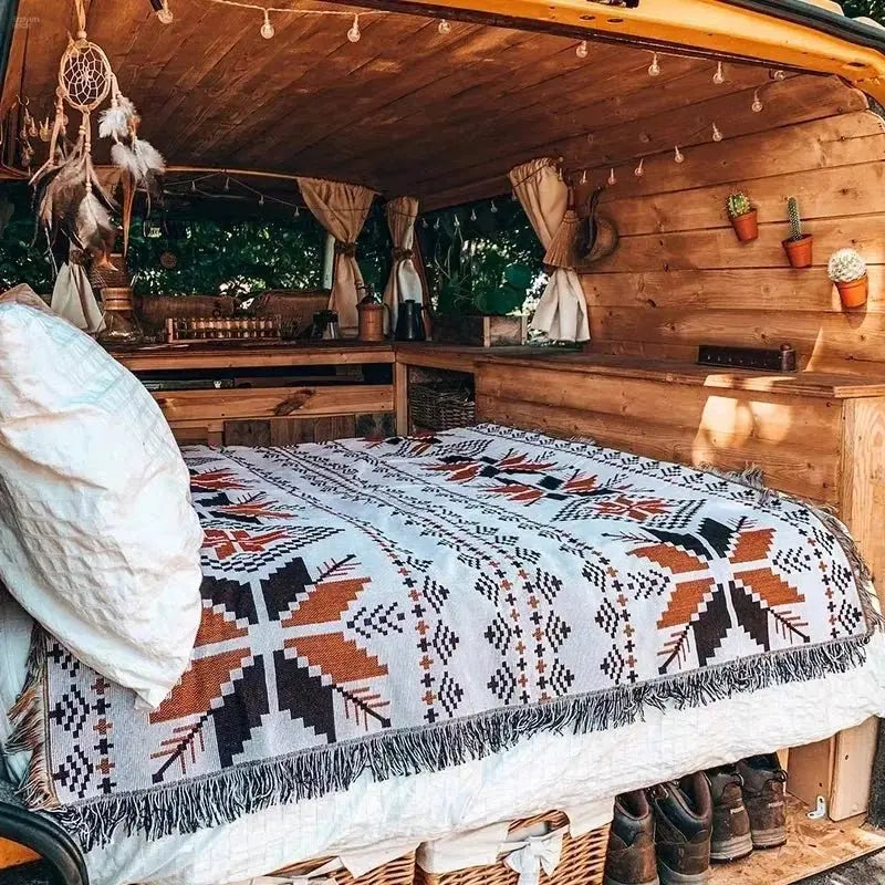 Bohemian Ethnic Picnic Blanket with Tassels – Versatile Outdoor Camping Mat - Brownstick