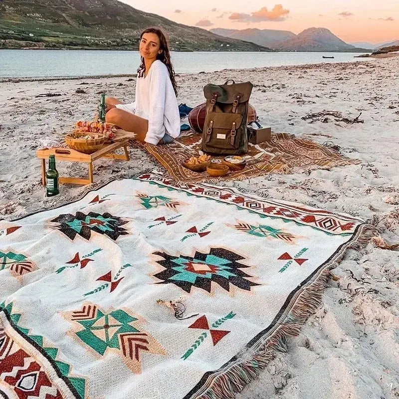 Bohemian Ethnic Picnic Blanket with Tassels – Versatile Outdoor Camping Mat - Brownstick