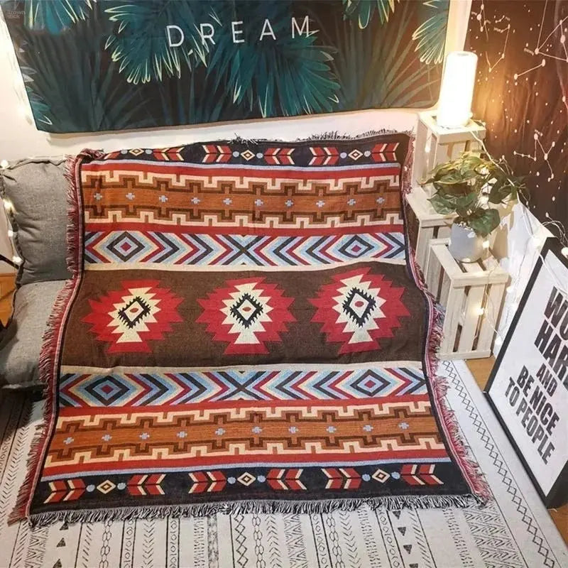 Bohemian Ethnic Picnic Blanket with Tassels – Versatile Outdoor Camping Mat - Brownstick