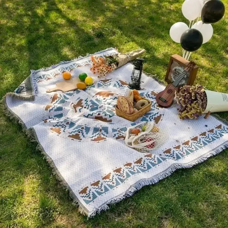 Bohemian Ethnic Picnic Blanket with Tassels – Versatile Outdoor Camping Mat - Brownstick