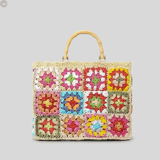 Bohemian Square Straw Handbag  with Bamboo Handle Brownstick