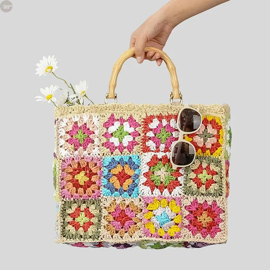 Bohemian Square Straw Handbag  with Bamboo Handle Brownstick