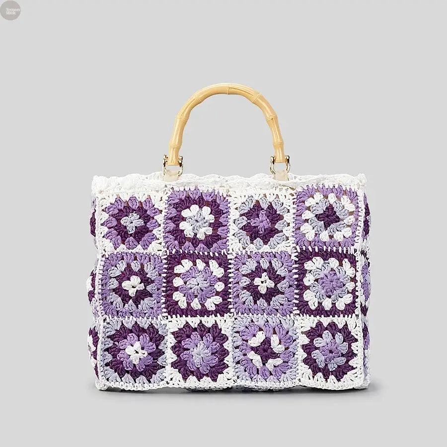 Bohemian Square Straw Handbag  with Bamboo Handle Brownstick
