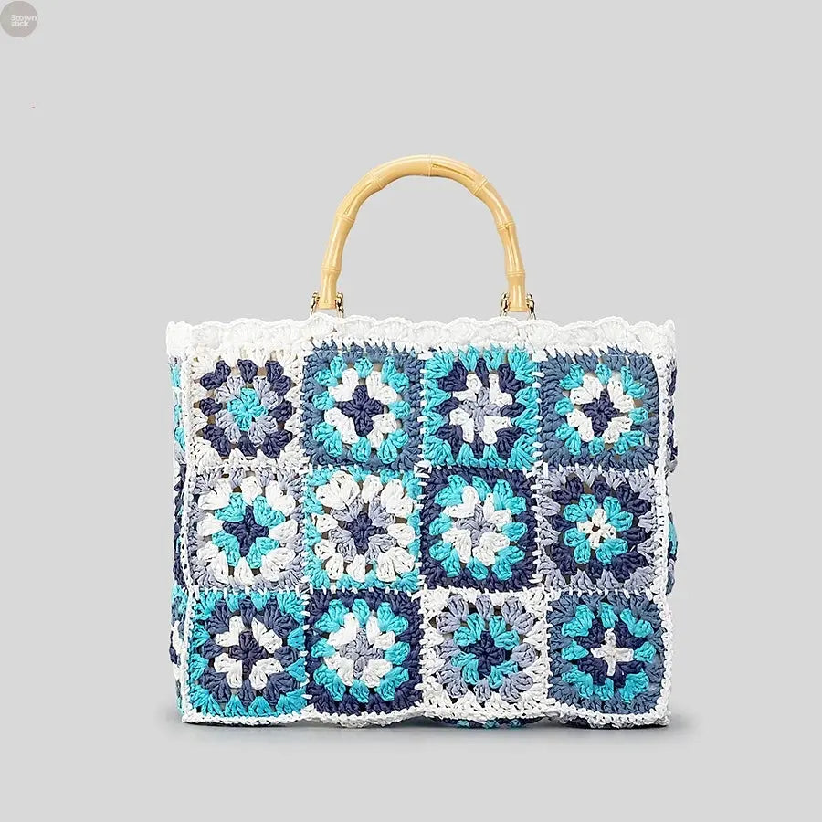 Bohemian Square Straw Handbag  with Bamboo Handle Brownstick