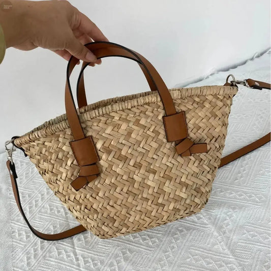 Boho Rattan Crossbody Bag Handmade Straw Shoulder Basket Brownstick