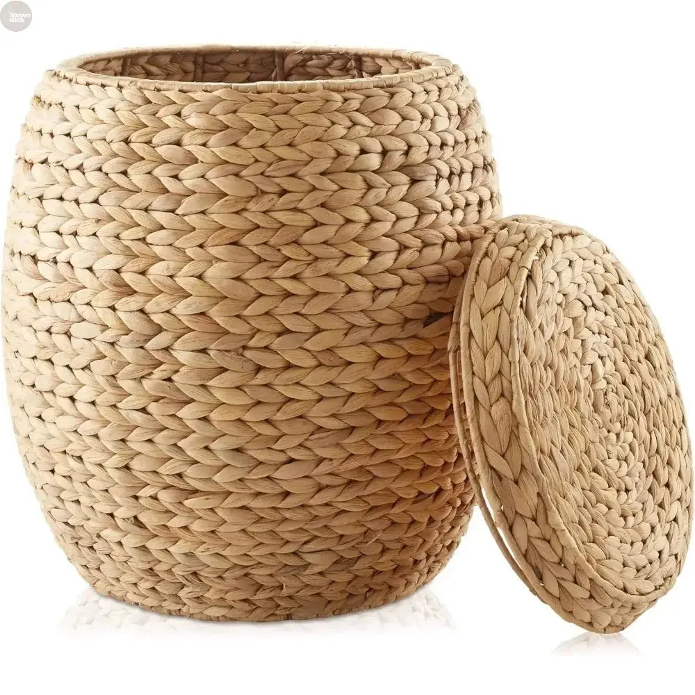 Comfort Corner Handwoven Water Hyacinth Storage Basket with Lid Brownstick