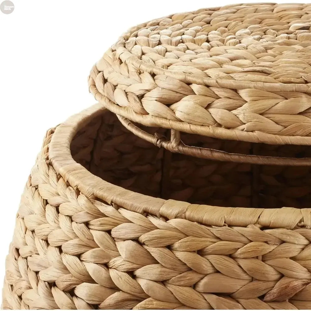 Comfort Corner Handwoven Water Hyacinth Storage Basket with Lid Brownstick