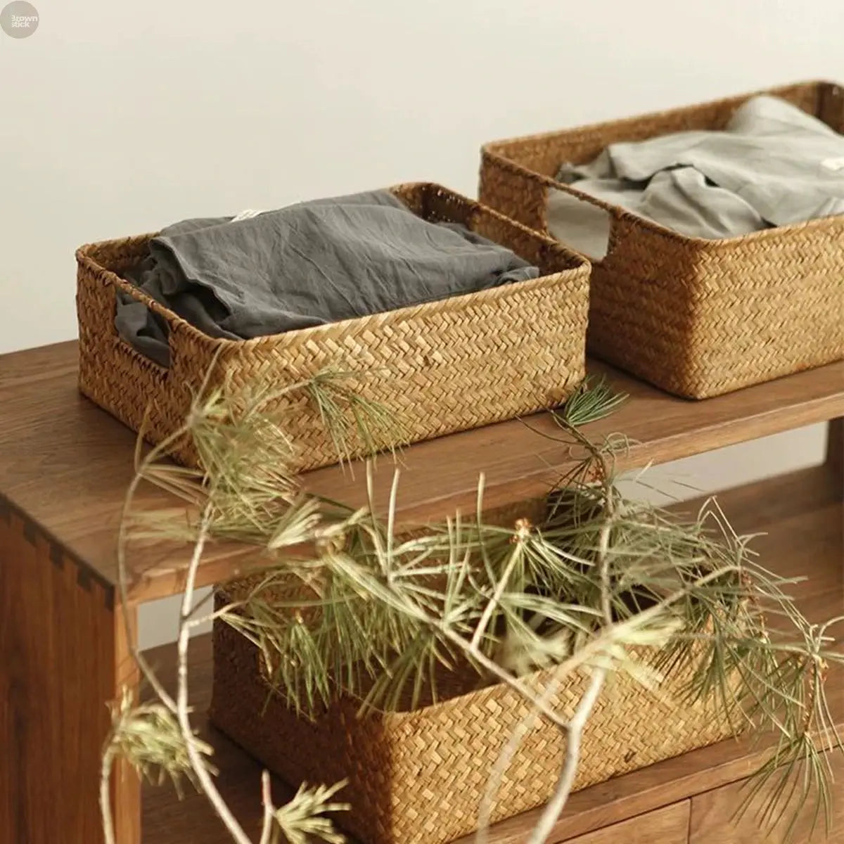 Eco-Chic Natural Large Woven Seagrass Basket - Versatile Straw Wicker Organizer Brownstick