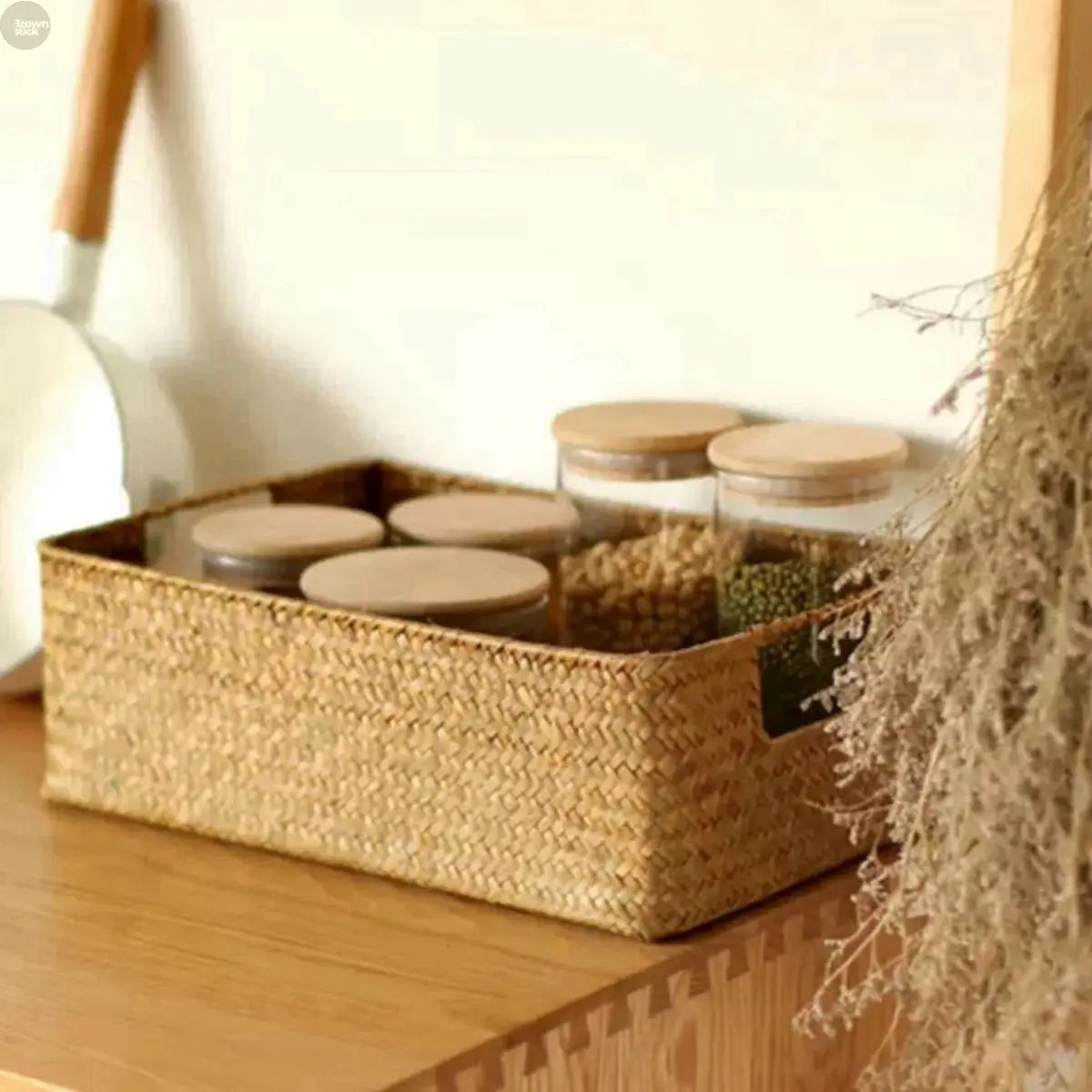 Eco-Chic Natural Large Woven Seagrass Basket - Versatile Straw Wicker Organizer Brownstick