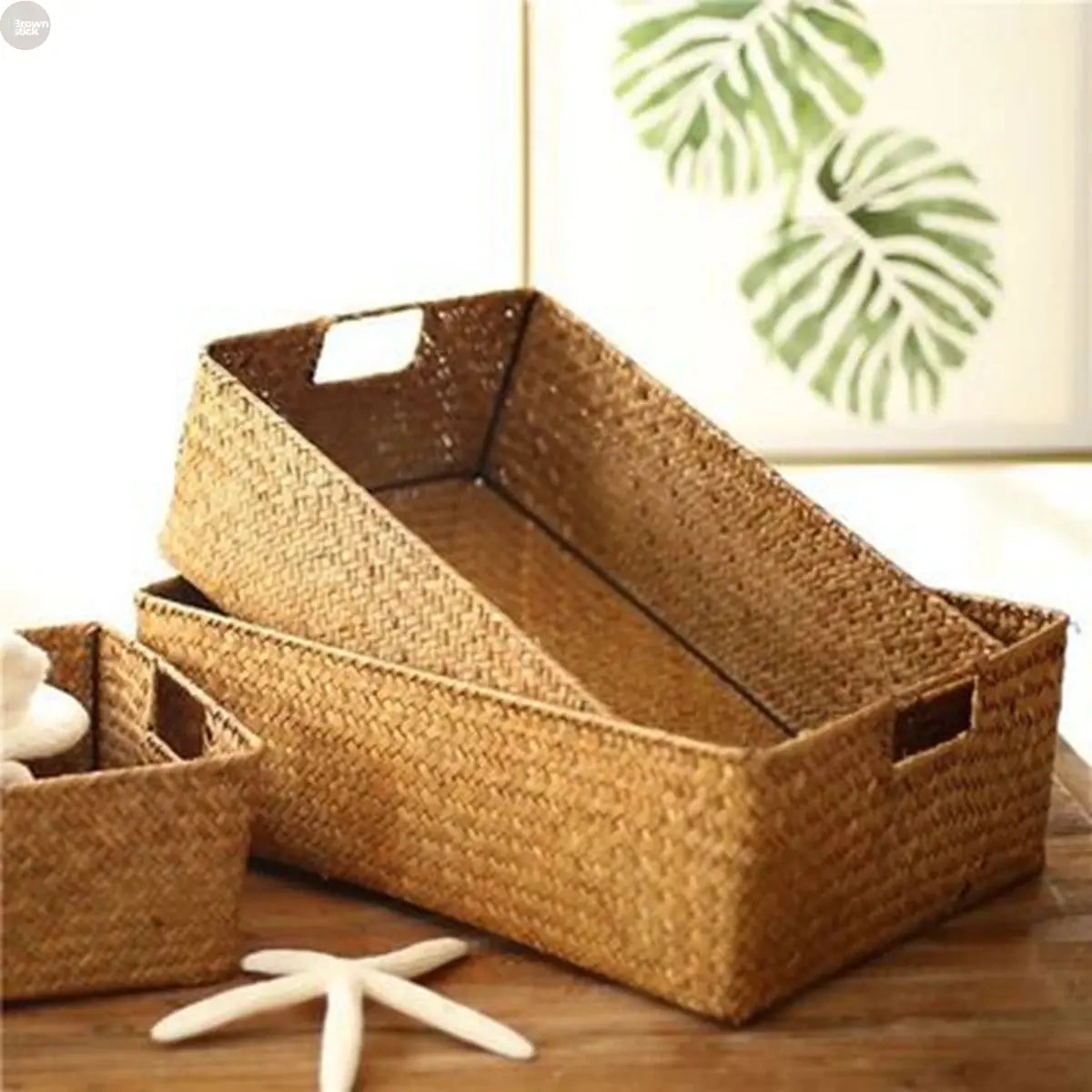 Eco-Chic Natural Large Woven Seagrass Basket - Versatile Straw Wicker Organizer Brownstick