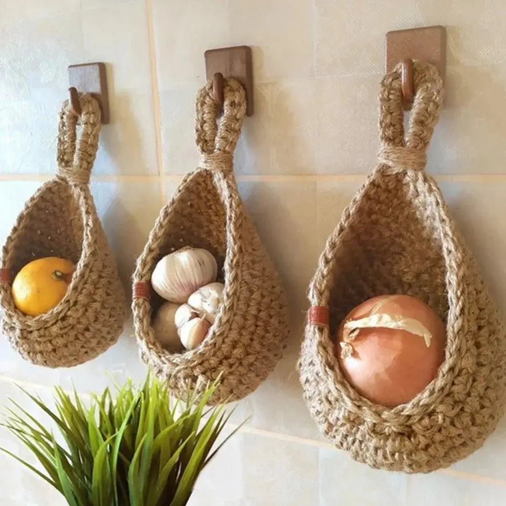 Eco-Friendly Jute Wall Hanging Basket – Boho Vegetable & Fruit Storage Organizer Brownstick