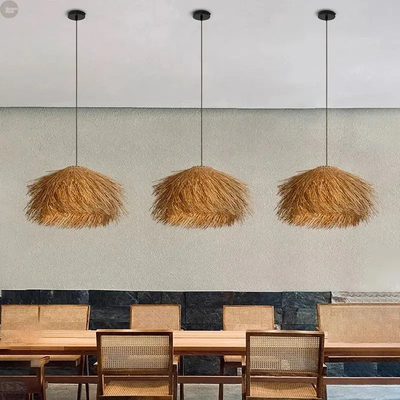 Elegant Hand-Knitted Bamboo & Wooden Pendant Light: Versatile for Any Room Brownstick