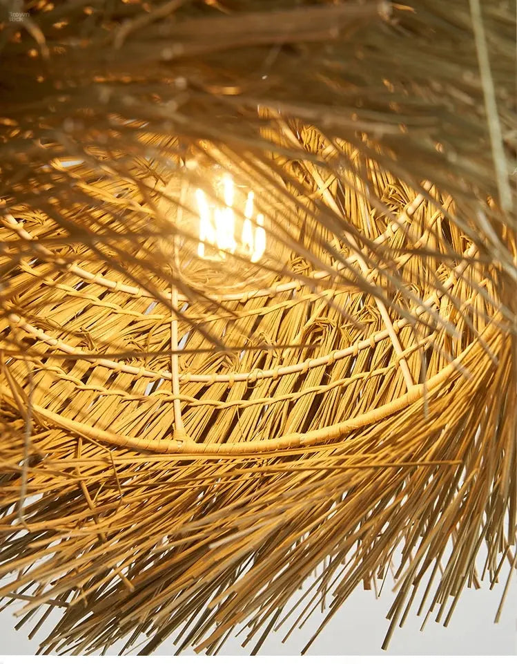 Elegant Hand-Knitted Bamboo & Wooden Pendant Light: Versatile for Any Room Brownstick