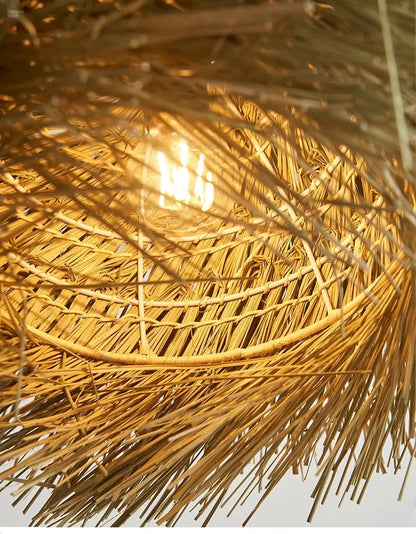 Elegant Hand-Knitted Bamboo & Wooden Pendant Light: Versatile for Any Room Brownstick