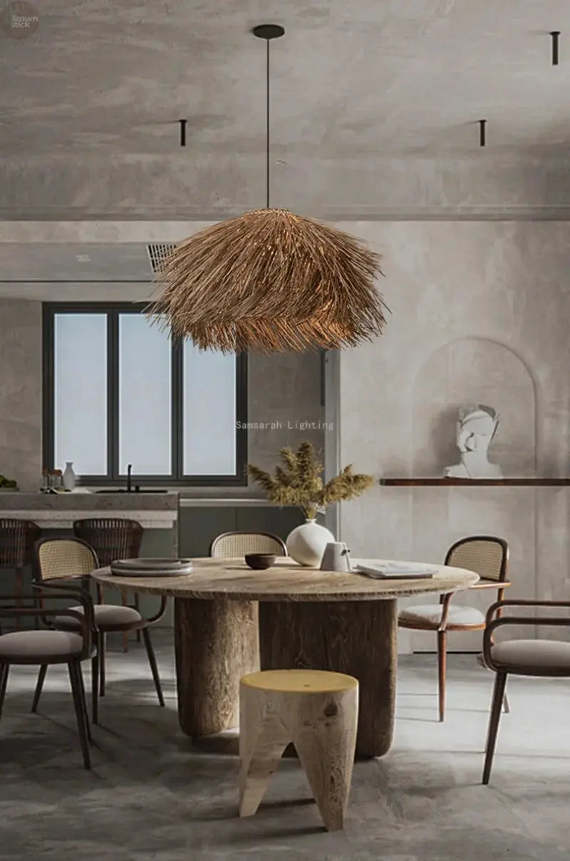 Elegant Hand-Knitted Bamboo & Wooden Pendant Light: Versatile for Any Room Brownstick