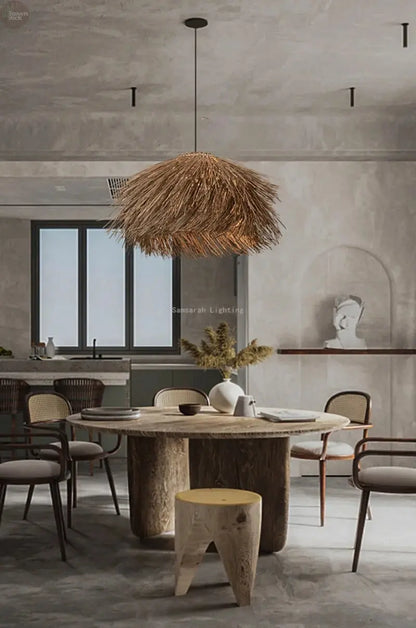 Elegant Hand-Knitted Bamboo & Wooden Pendant Light: Versatile for Any Room Brownstick