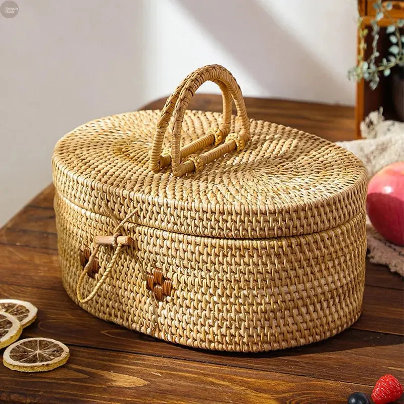 Elegant Handwoven Rattan Storage Box with Handle - Multi-Purpose Organizer Brownstick