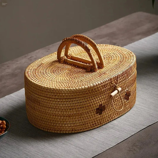 Elegant Handwoven Rattan Storage Box with Handle - Multi-Purpose Organizer Brownstick